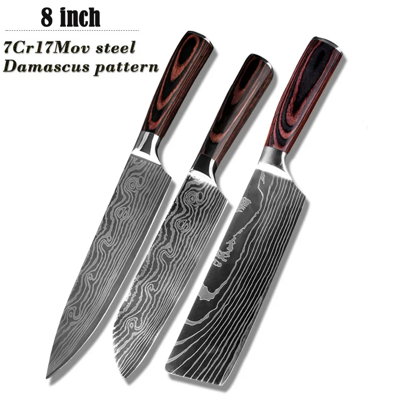 3pcs 8 ''дюймовый нож шеф повара японский 7Cr17 нержавеющая сталь шлифовальный лазерный нож с узором Professional острое лезвие пособия по кулинарии ин - Цвет: 3pcs
