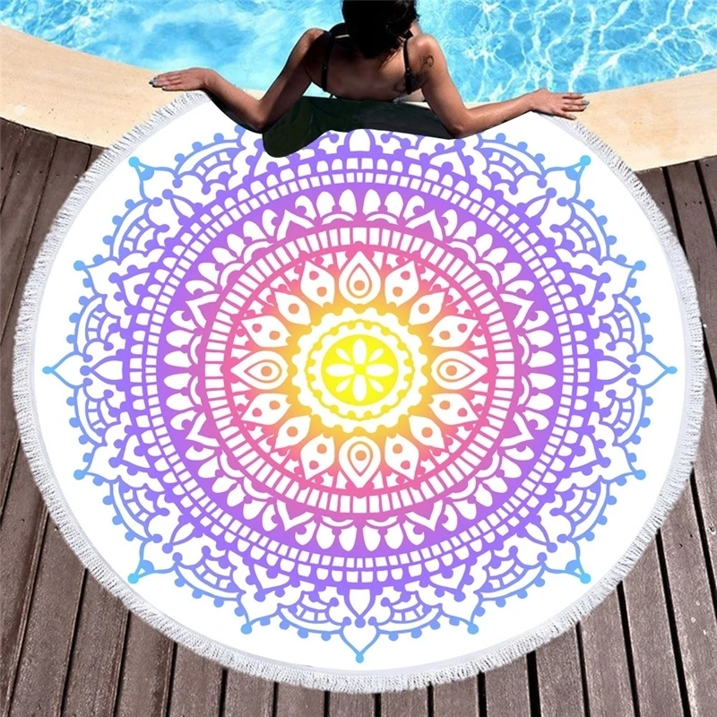 Mandala Elephant Flowers Printed Round Beach Towel Bohemian Microfiber Beach Towels Adults Travel Blankets Bath Towel Tapestry