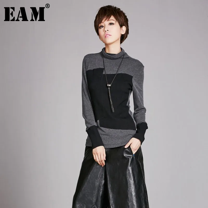 

[EAM] 2019 New Autumn Winter High Collar Long Sleeve Hit Color Irregular Brief Split Joint T-shirt Women Fashion Tide JO105