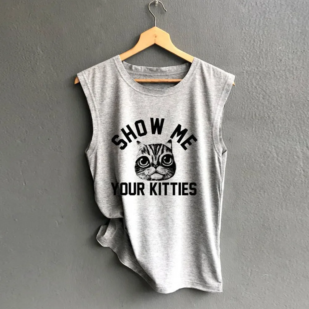 Haut Sexy Lady Harajuku Summer Shorts Sleeveless Tops Female Funny Cat Printed Vest Camisetas Verano Mujer Drop shipping c