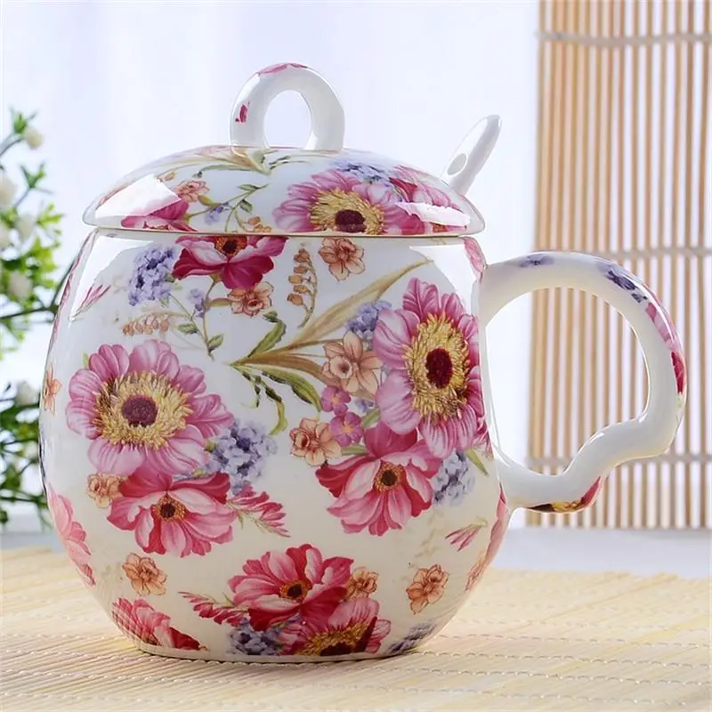 

420ML, bone china coffee mugs funny, cute cup tea as gift, novelty mug floral painting, ring cup with lid, office mug decor