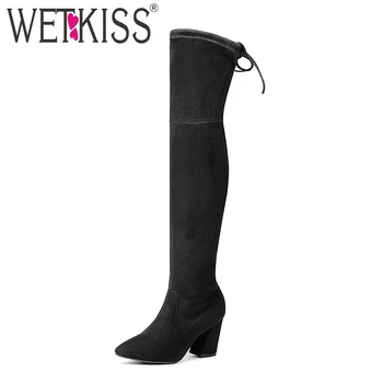 

WETKISS Women Boots Fashion Over The Knee Sexy Pointed Toe Hoof High Heel Lace-Up Flock Stretch boots Women Shoes Big Size40-43
