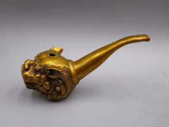 

China brass copper carved fine beautiful dragon tobacco pipe statue