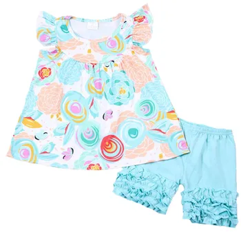 

Summer baby girls boutique clothing flower pearl dress and blue short set