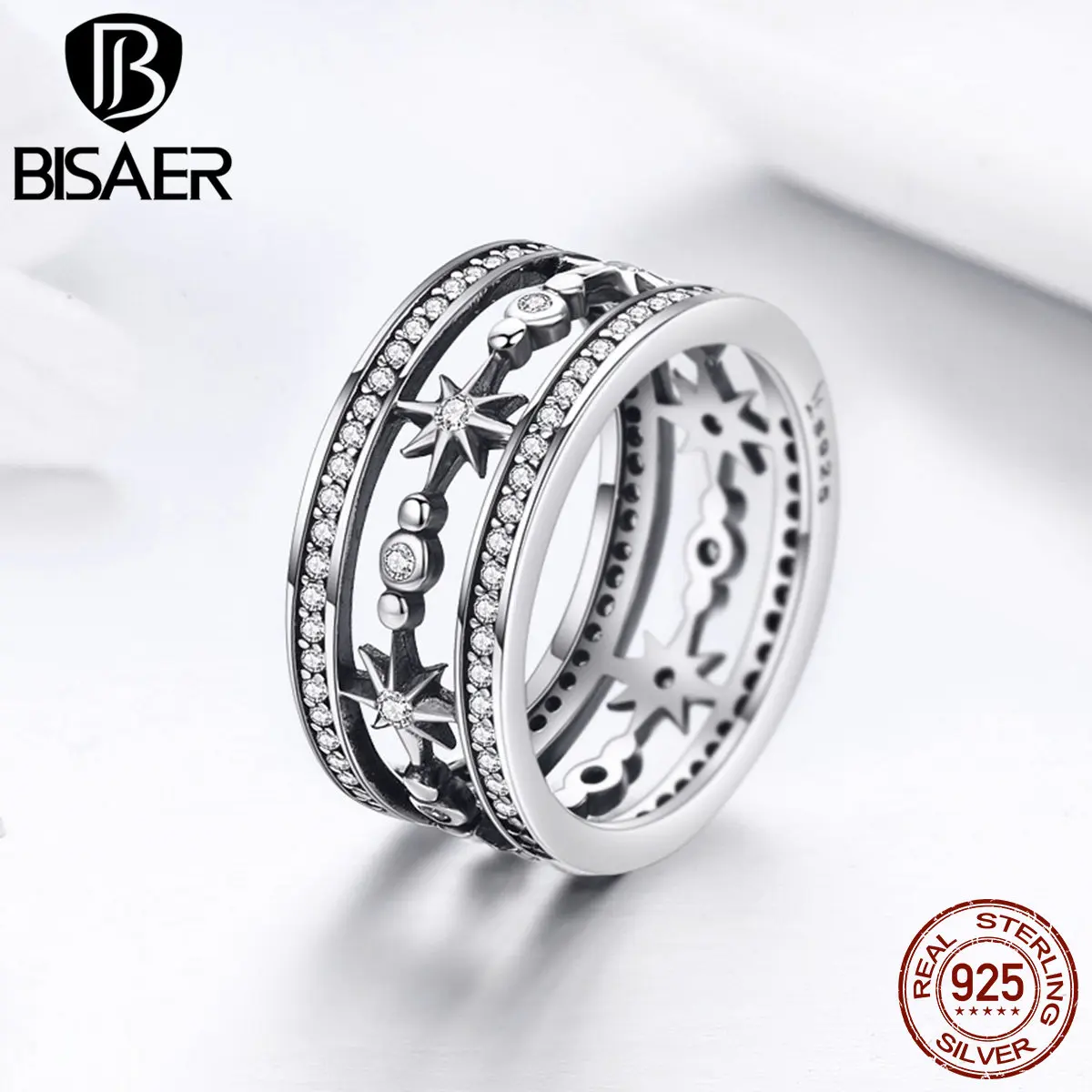 

2019 New Authentic 925 Sterling Silver Cocktail Sparkling Star Big Finger Ring for Women Silver 925 Rings Fashion Jewelry