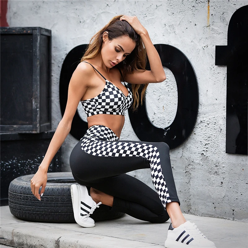 2 pieces Plaid Sport Sets font b Fitness b font Workout Set Women Athletic Yoga Exercise