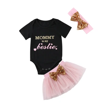 

MOMMY Is My Besties Letters Bowknot Black 3Pcs Princess Baby Girl Short Sleeve Romper+Tutu Short Skirt+Headband Outfits Clothes
