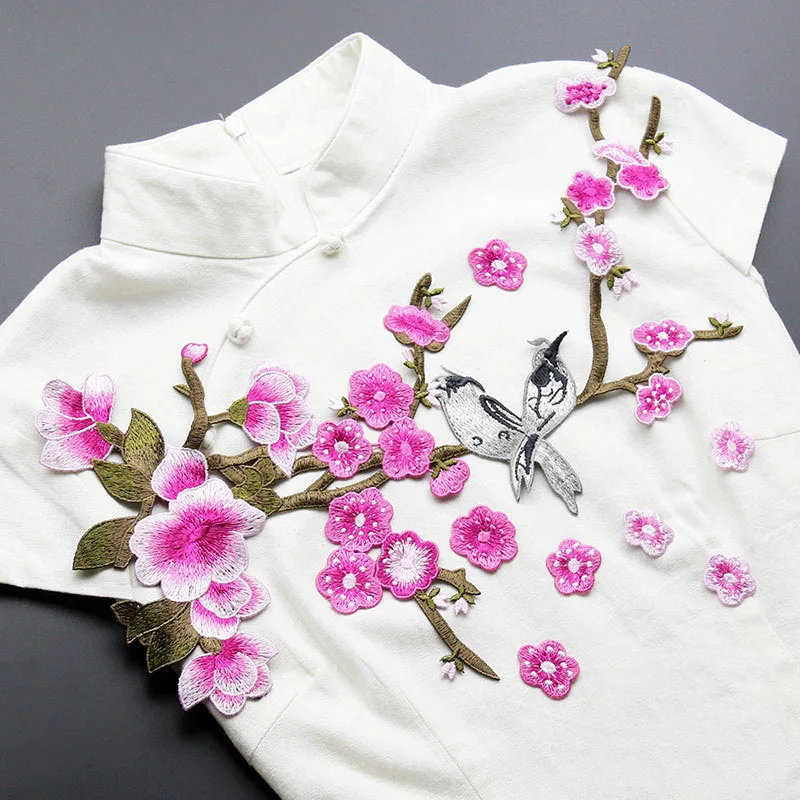 High Quality Embroidery Plum Blossom Patch Flower with Bird Patches DIY Clothing Sew On Sticker for Dancing Dress Cloth | Дом и сад