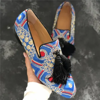 

Men High-Quality Handmade Multicolor Wedding Shoes Male Casual Smoking Loafers Man Floral Embroidered Tassel Shoes Size 38-47
