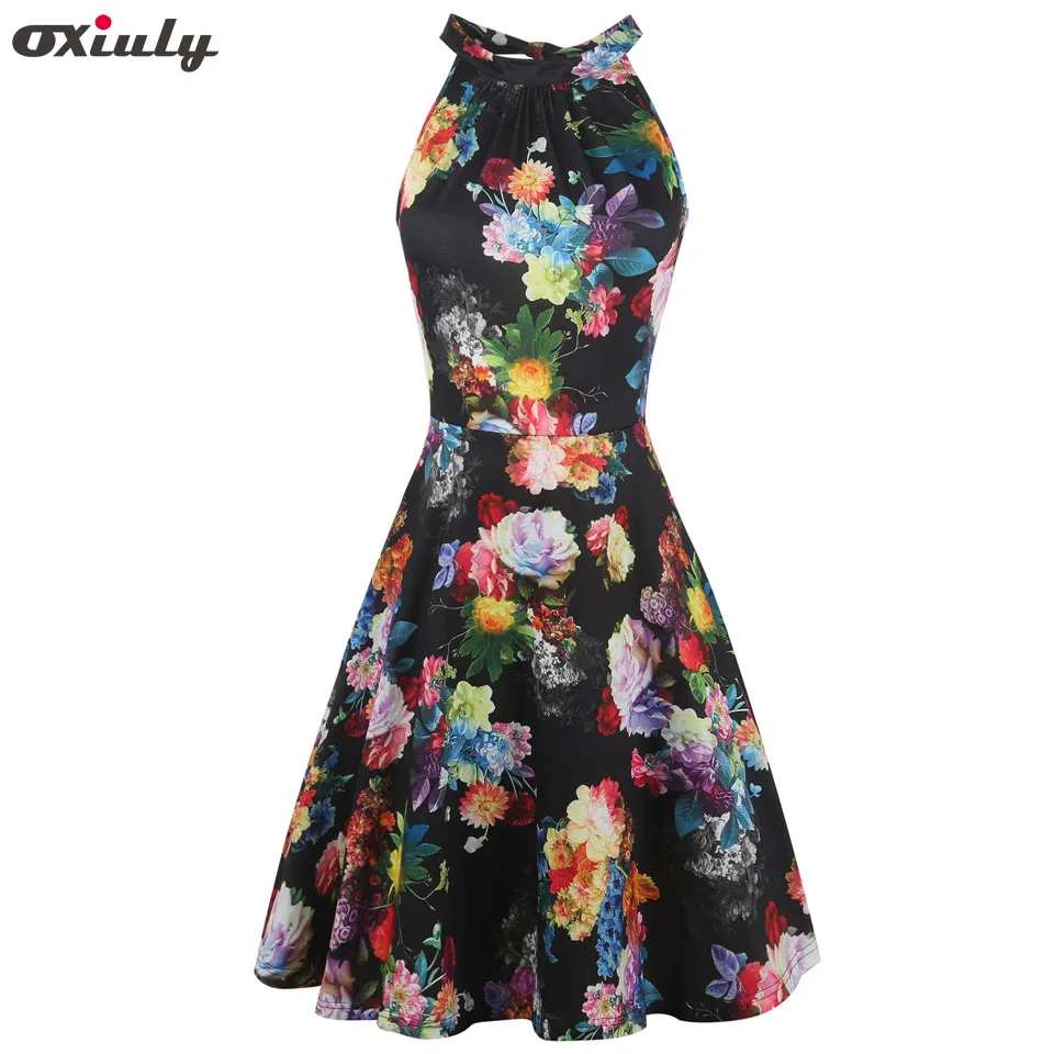 Oxiuly Women's Halter Neck Boho Floral Print Casual Sleeveless Bodycon Hollow out Back A-Line Wrap Dress