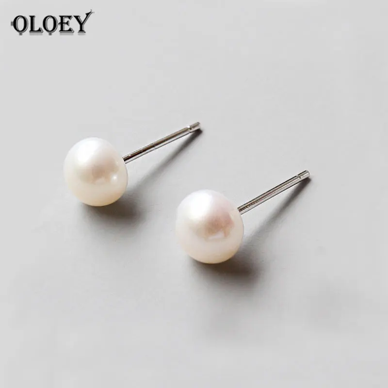 

OLOEY 100% 925 Sterling Silver Elegant Earring for Women Round Freshwater Pearl Stud Earrings Engagement Jewelry Brincos YME165