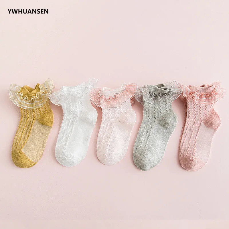YWHUANSEN/5 пар/лот, хлопковые кружевные детские носки летние сетчатые носки для малышей, короткие носки принцессы ярких цветов для танцев - Цвет: 2