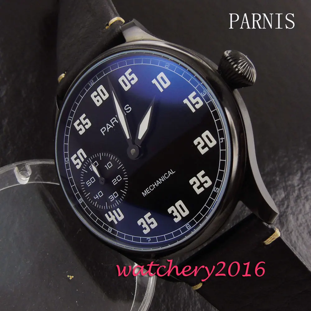 

44mm PARNIS black dial PVD case Luminous Hand leather strap 17 jewels 6497 Mechanical Hand Wind movement men's Wristwatch