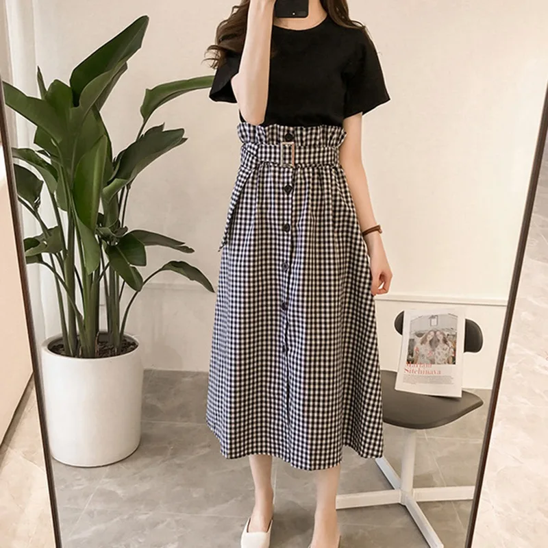 

New Women Slim Skirt and Crop Top Set High Waist Fashion Plaid Sashes Skirt + Basic Tee Shirt Womens Suit