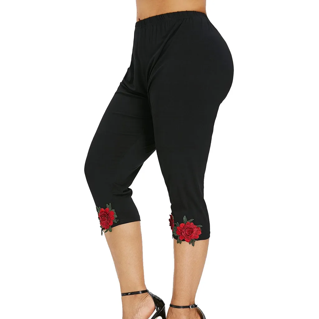 

Fashion Womens Large Size Leggings Casual Plus Size High Waisted Rose Applique Leggings Pants Workout Fitness Exercise Leggins
