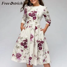 Ostrich, женское элегантное винтажное платье трапециевидной формы с принтом, вечерние платья, цветочный принт, розовое темпераментное платье для женщин
