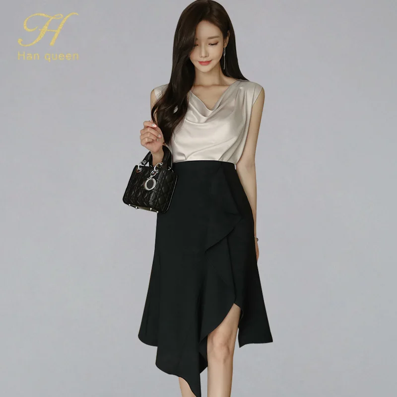

H Han Queen Summer OL Elegant Women's 2 Pieces Suits Sleeveless Blouses And Irregular High Waist Solid Color Skirt Work Wear Set
