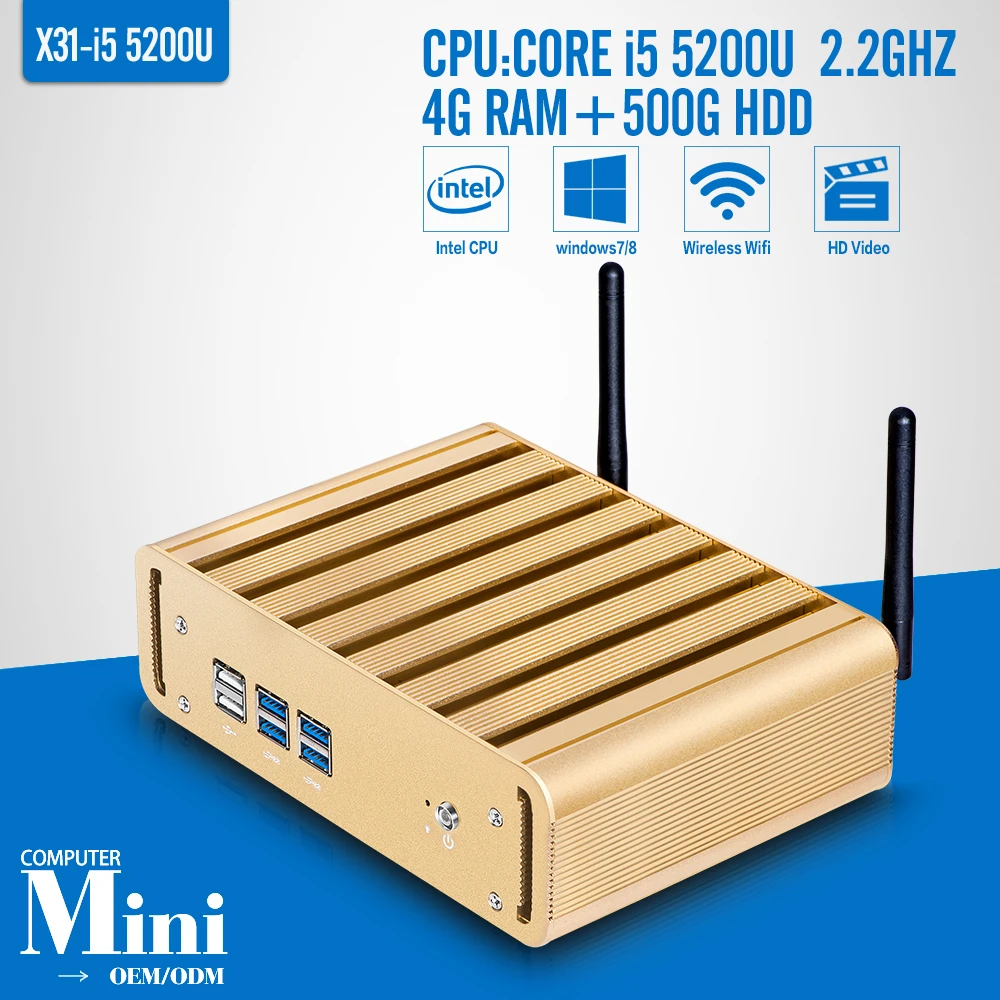 Mini Industrial PC Fanless Core i5 Haswell-5200U 2.2 GHz 4GB RAM 500GB HDD+WIFI Windows 7 8 10 Linux mini pc windows 6USB