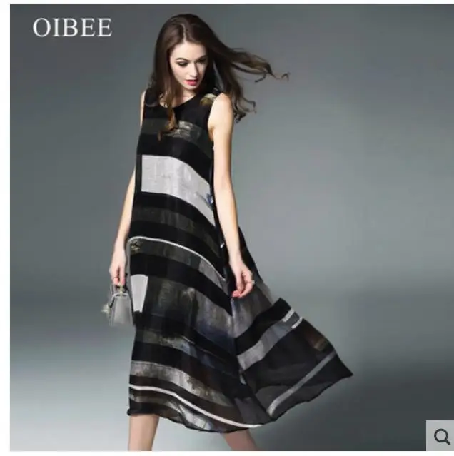 

2018 spring dress new dress stripe print cotton flax loose show thin sleeveless vest skirt medium long skirt