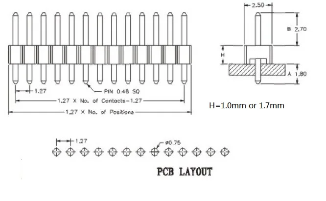 1.27 Single Row Pin Header Drawing