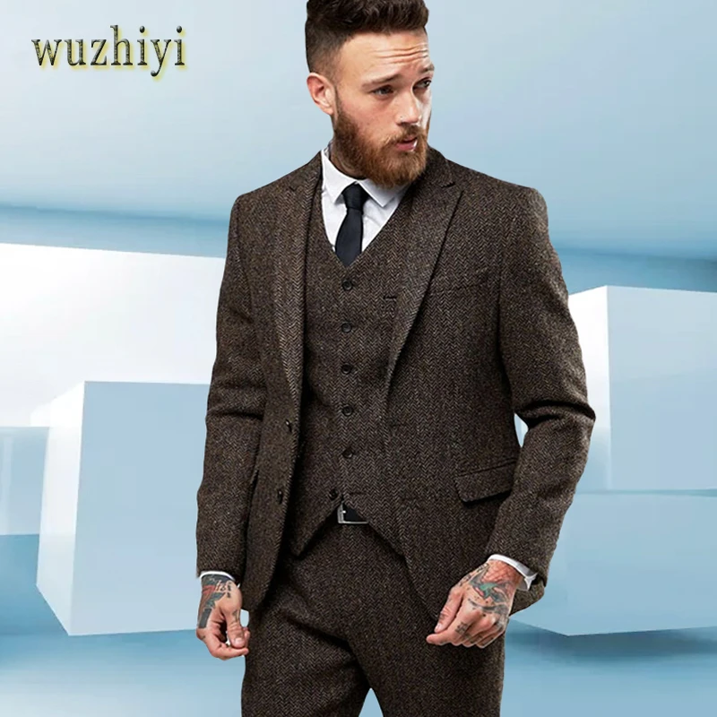 Wuzhiyi Новый твид костюмы Hommes Formelle тонкий курение де Mariage Doux Moderne Блейзер 3 фото coletes par homens pantalon 2018