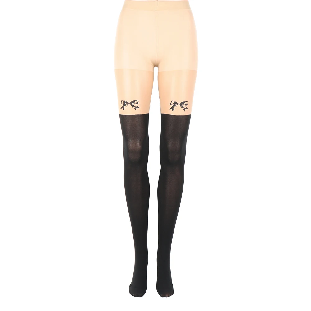 

Women Tattoo Tights Xmas Gift Bow Design Cute Pattern Printed False High Stockings Cylinder Student Style Tights Pantyhose