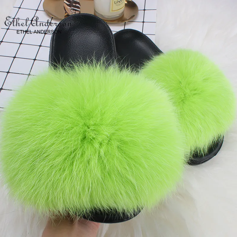 

2019 Ethel Anderson Real Fox Fur Slippers Slides Vogue Summer Extra Large Fur Flip Flop Holiday Sandals Plus Size Shoes