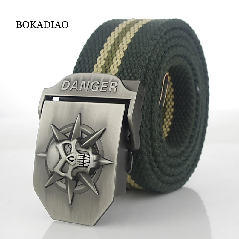 

BOKADIAO Men&Women Military Canvas belt luxury Skull Metal buckle jeans belt Army tactical belts for women waistband strap male