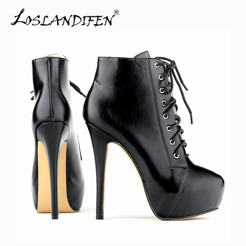 

LOSLANDIFEN Autumn Winter Women Ankle Boots Round Toe Platform Lace-Up Boots For Women Stiletto Motorcycle Boots Shoes 819-1YP
