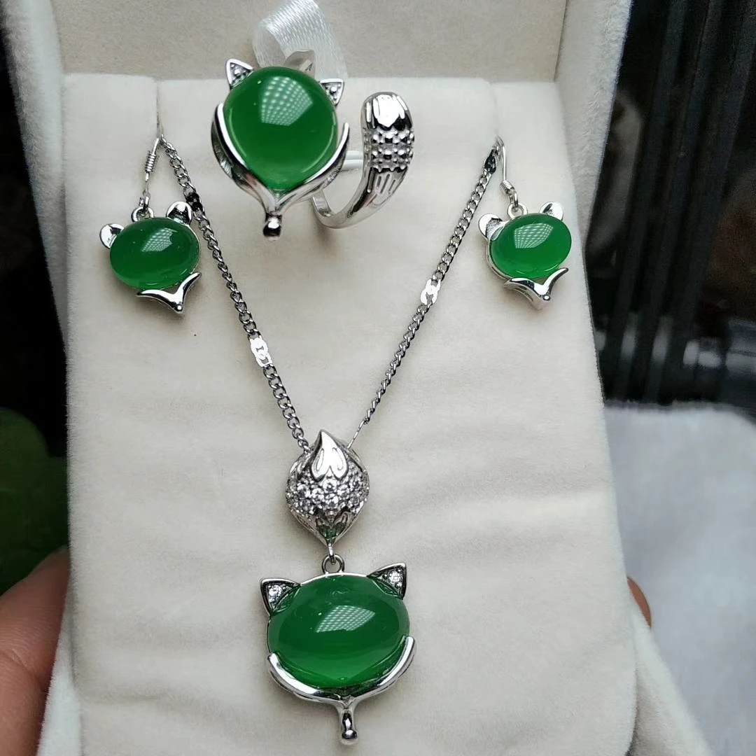 925 Silver Natural Green Jade Women 18K Gold Plated Necklace Earrings