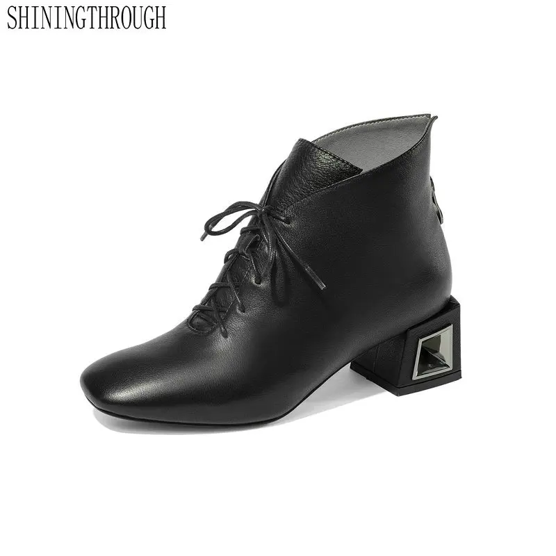 

Genuine Leather Ankle Women Boots Spring Autumn Women Shoes Square Toe High Heel Party Dancing Ladies Shoes Large Size 42 43