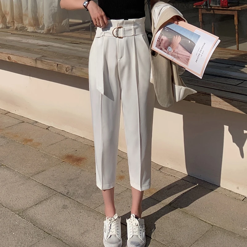 

BGTEEVER Casual Pants Women Solid High Waist Belted Pencil Pants Office Lady Suit Pants Elegant Women Trousers 2019