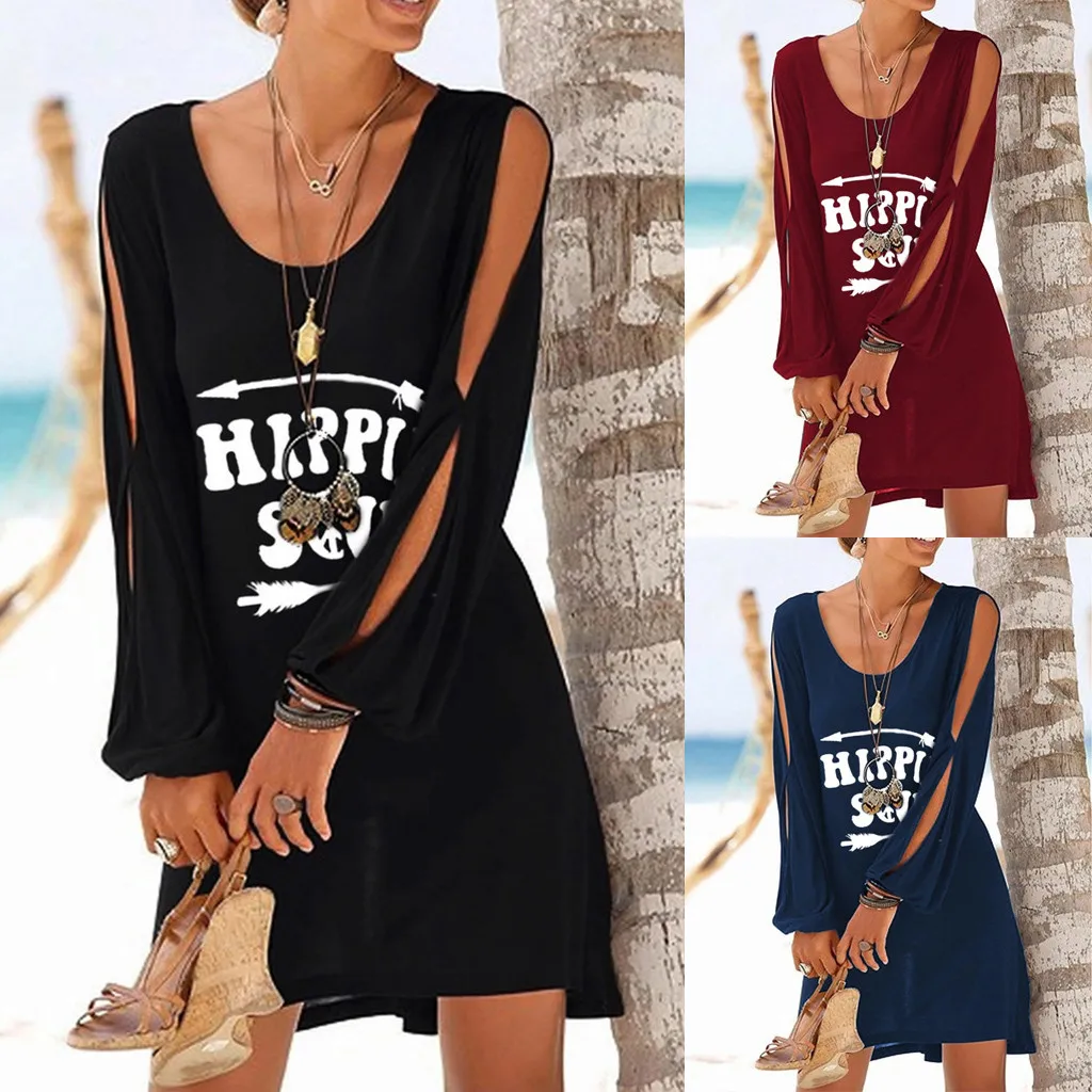 

Women Hollow Out Sleeve Letter Print Long Sleeve Mini Dress hot Ladies round neck lantern sleeve beach dress vedtidos para mujer