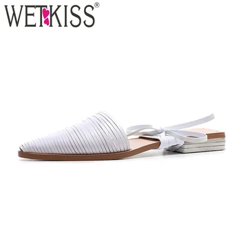 

WETKISS Cow Leather Low Heels Ladies Slippers Pointed Toe Cutout Slides Cross Tied Footwear Summer Fashion Mules Female Shoes