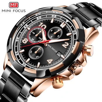 

MINIFOCUS Brand Casual ThreeEye Chronograph Luminous Waterproof Steel Belt Men Watch Blue Gold