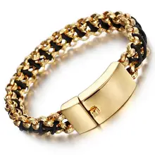 23 см* 17 мм тяжелый крутой мужской 316L ювелирные изделия из нержавеющей стали Золотой посеребренный двойной ручной кожаный браслет-обруч для мужчин подарки