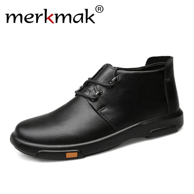 Vente Merkmak Véritable En Cuir Hommes Cheville Bottes Mode Étanche Automne Hiver En Plein Air Mens Casual Chaussures High Top Chaussures