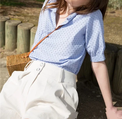 

100% Cotton Women Solid Dot Blouse Loose Short Sleeve Casual Women's Shirt Tops