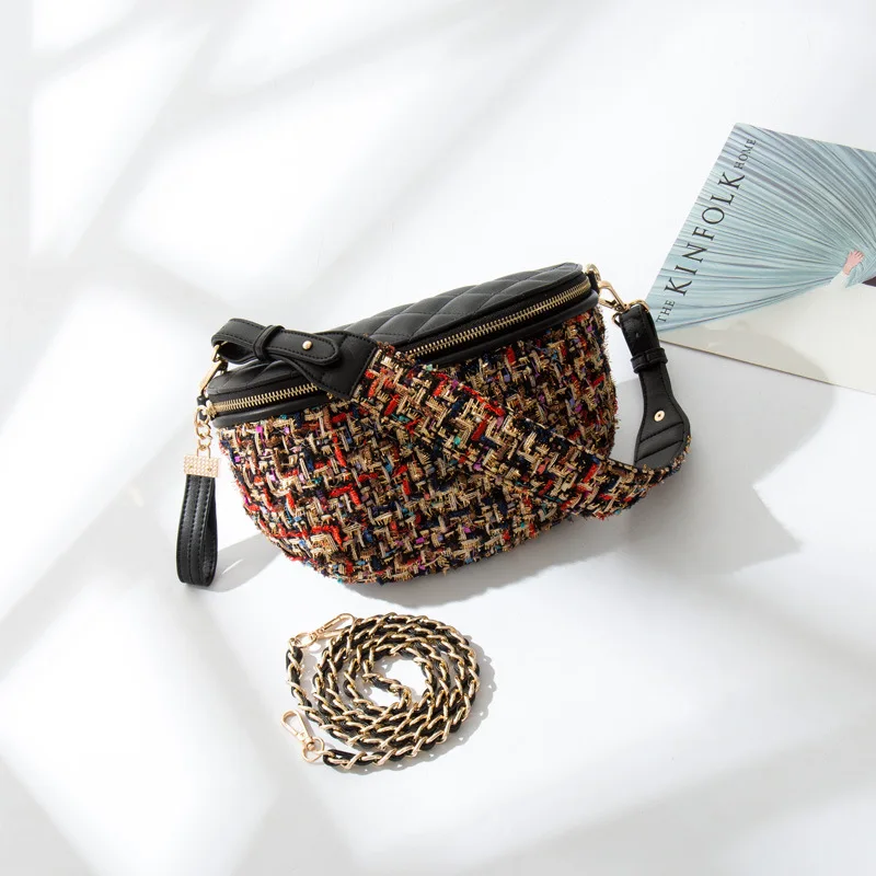 

New Color Jacquard Knit Women Waist Pack Designer PU Leather Waist Bag Fashion Bum Bag Female Bag Belt Bolsos Mujer