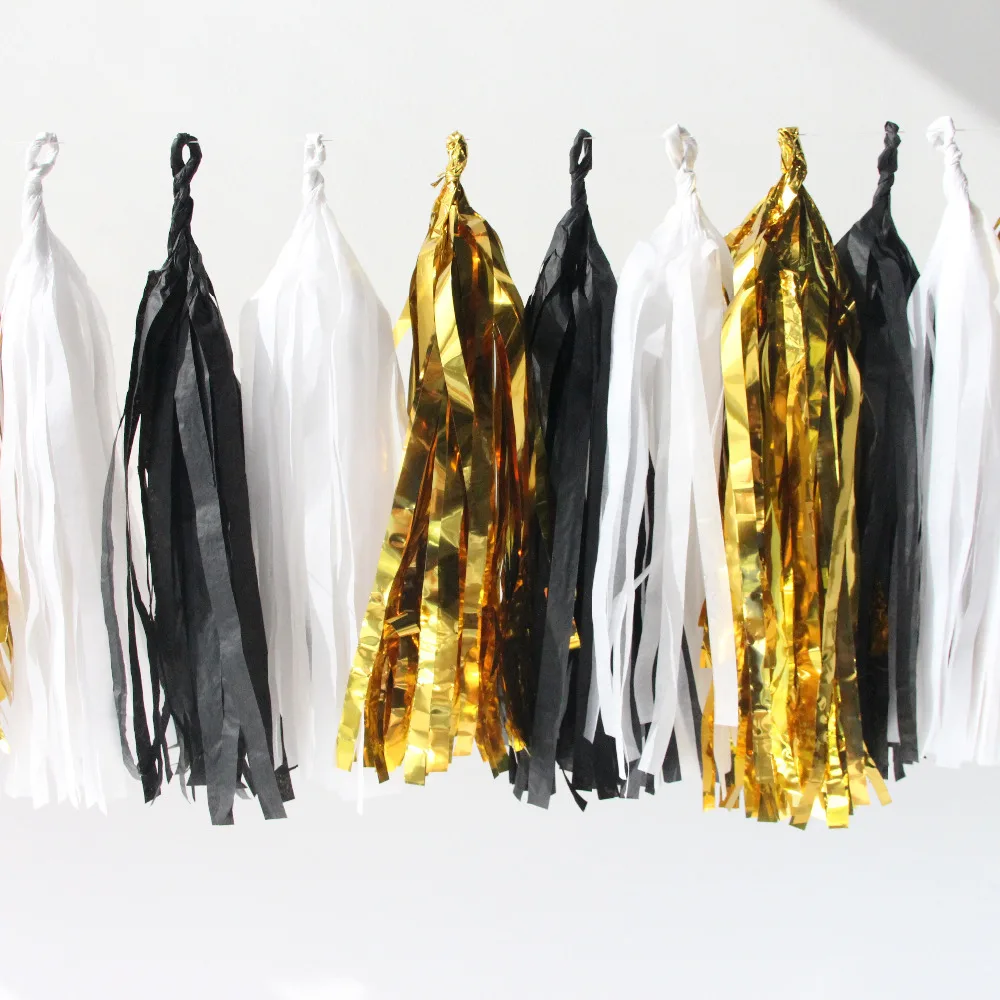 

Bright Idea! 20pc (White,Black,Gold) Set Stunning Handmade Tissue Paper Tassel Garland Tissue Paper Fringe Bunting Diy Garland