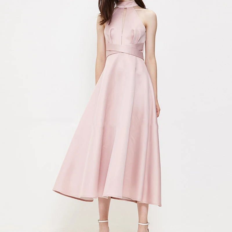 

DODOING New Arrival Summer Women Sweet Halter-Style Chiffon Dress With Elastic Waist And Zipper Solid Pink A-line Swing Dress
