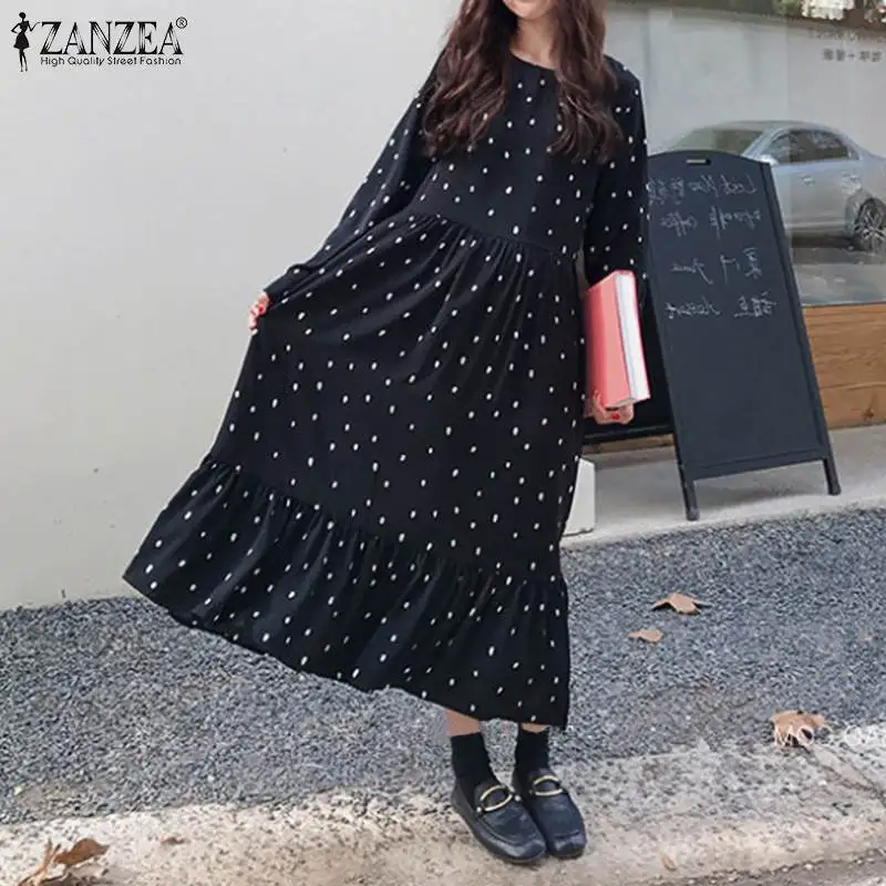 ZANZEA, Осеннее женское платье, макси, длинное, Vestidos, богемный, в горошек, с оборками, подол, летний сарафан, пляжное платье, Femme, Длинные рубашки