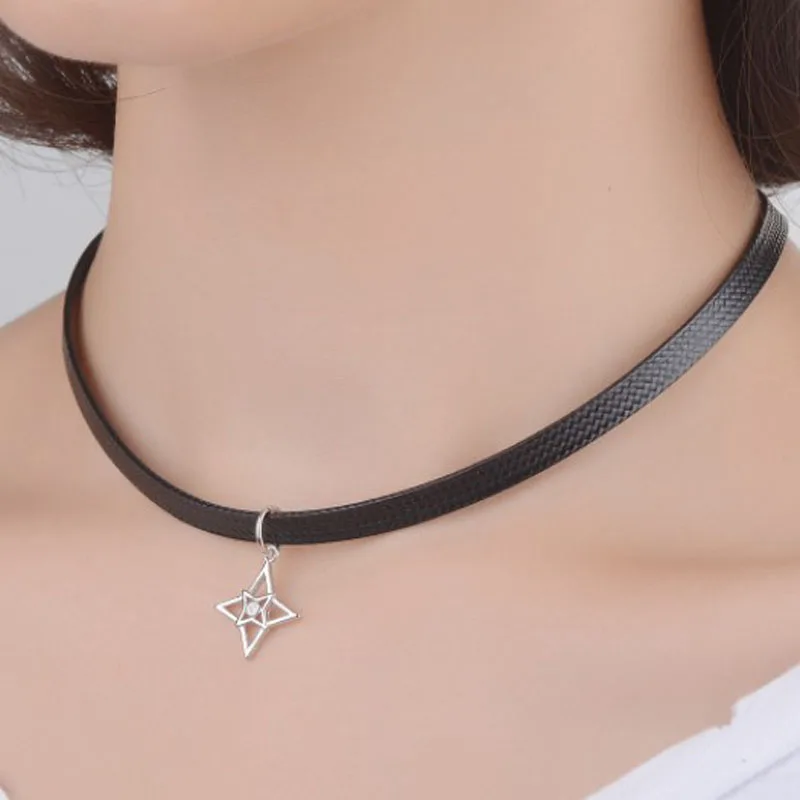 KOFSAC New Fashion Meteor Pendant 925 Silver Necklaces For Women Party Black Wax Rope Choker Shiny Crystal CZ Star Jewelry Gift | Украшения