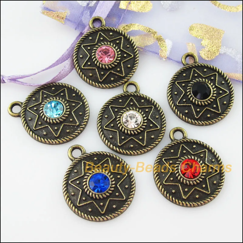 

New 6Pcs Antiqued Bronze Mixed Crystal Round Flower Charms Pendants 22x26.5mm