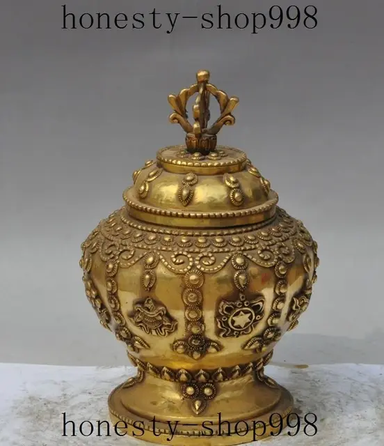 Tibet buddhism brass Auspicious Eight treasures statue Vase Jar Pot