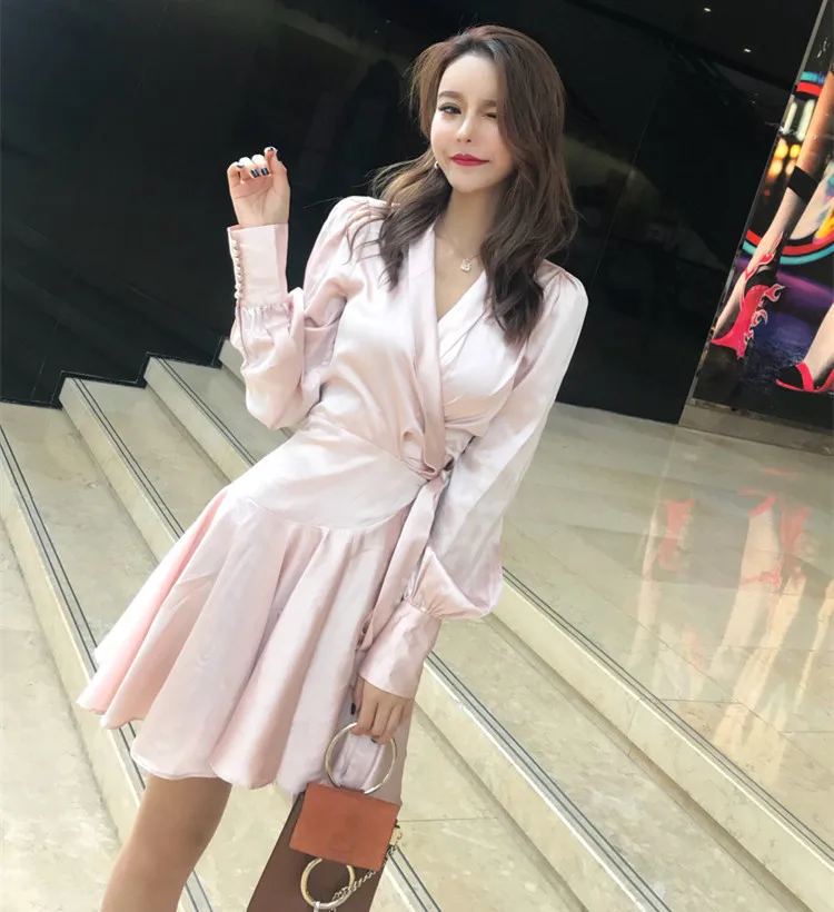 Elegant Silk Satin Dress Women Sexy V Neck Lantern Sleeve Ruffle Sash Mini Wrap Dress Ladies A Line Long Sleeve Dress Vestido