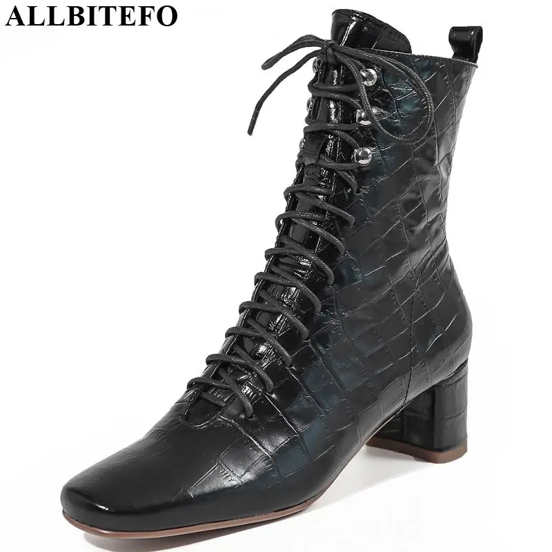 

ALLBITEFO High quality genuine leather women boots Autumn Winter ankle boots Square toe leisure fashion boots Bandage
