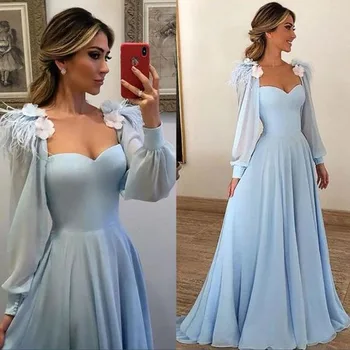 

Sky Blue Chiffon Long Lantern Sleeves Flowing Prom Dress Summer Fur Flower High Waist Women Party Wear Maxi Gown Custom Made