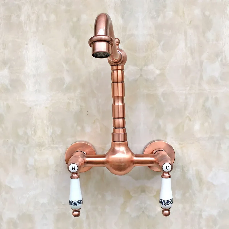 Antique Red Copper Two Ceramics handles Wall Mounted Kitchen Bathroom Vessel Sink Swivel Spout Faucet Water Tap arg032