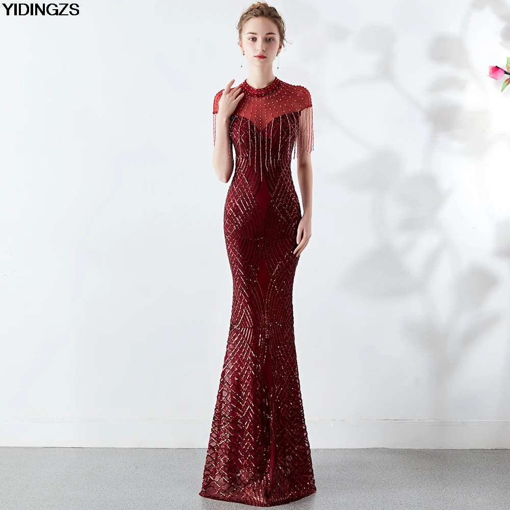 

YIDINGZS Sequins Evening Dress See-through Back Elegant Beading Long Evening Party Dresses